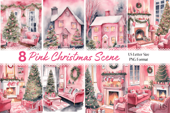 Download 8 Pink Watercolor Christmas Home Scenes - Watercolor christmas Collection