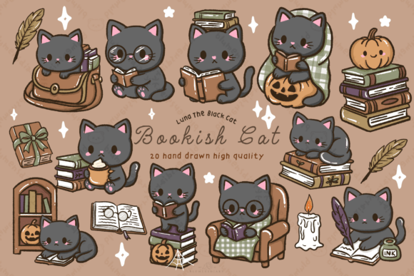 Download Kawaii Black Cat Bookish Fall Clipart - Fall Collection