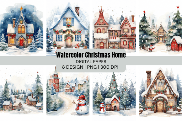 Download Watercolor Christmas Home Digital Paper - Watercolor christmas Collection