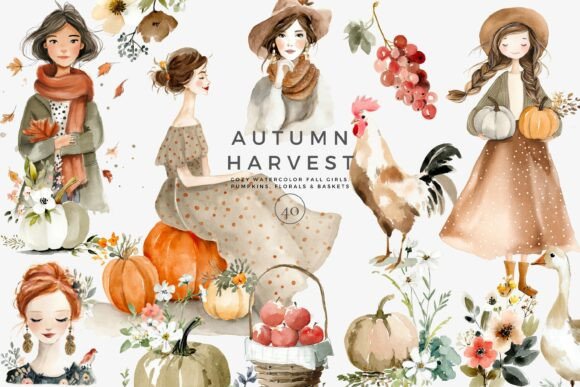 Download Watercolor Autumn Clipart Fall Girls Set - Fall Collection