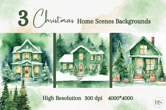 Download 3 Green Watercolor Christmas Home Scenes - Watercolor christmas Collection