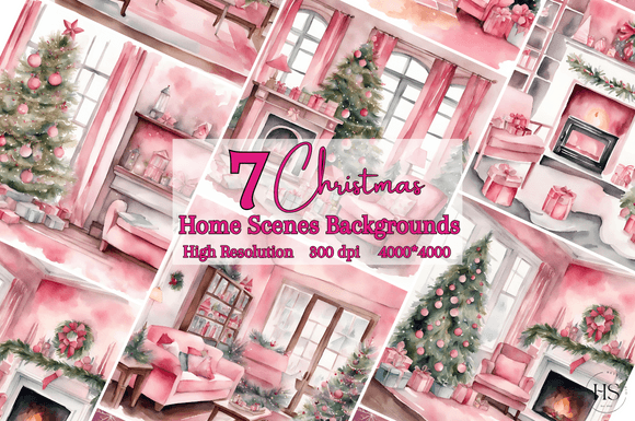 Download 7 Pink Watercolor Christmas Home Scenes - Watercolor christmas Collection