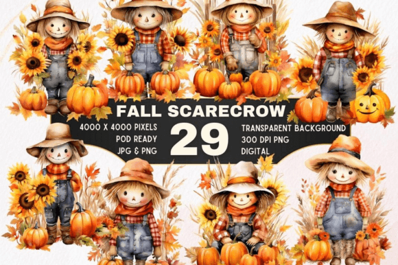 Download 29 Fall Scarecrow Watercolor Clipart Set - Fall Collection