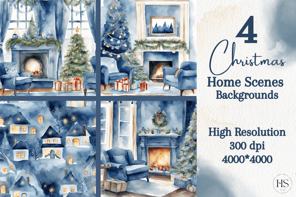Download 4 Blue Watercolor Christmas Home Scenes - Watercolor christmas Collection