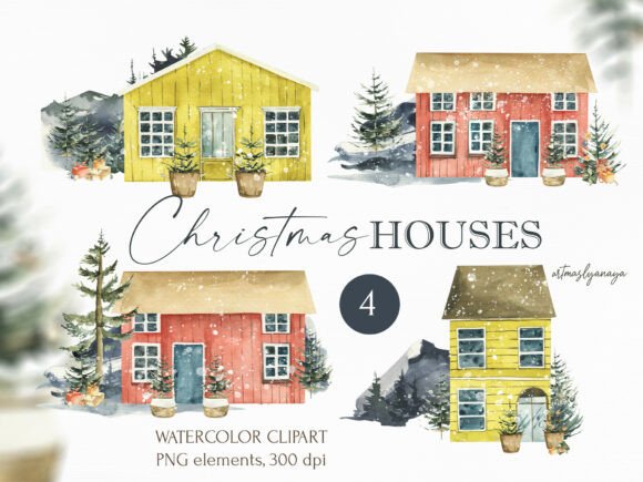 Download Watercolor Christmas House Clipart - Watercolor christmas Collection