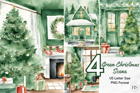 Download 4 Green Watercolor Christmas Home Scenes - Watercolor christmas Collection