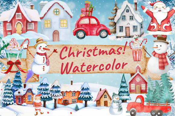 Download Watercolor Christmas House Truck Santa - Watercolor christmas Collection
